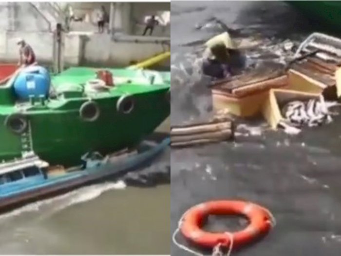 Detik-detik Kapal Tabrak Perahu Kecil Hingga Terbalik, Kepala Nelayan Terjepit dan Hanyut