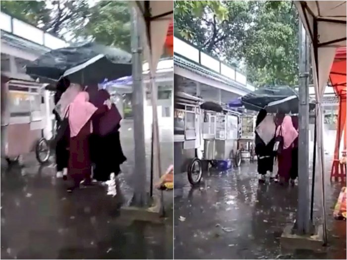 Ukhti-Ukhti Pakai Tenda Stan Gantikan Payung Lewati Hujan Deras, Netizen: Payungnya Gede