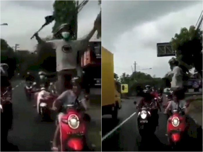 Apes, Pemuda Ini Sok Jago Berdiri di Atas Motor saat Konvoi, Netizen: Alhamdulillah