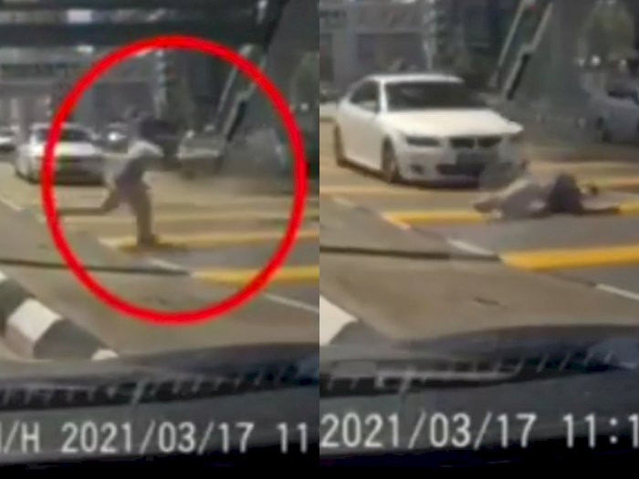 Detik-detik Pria Tersandung saat Menyebrang dan Terlindas Mobil BMW, Videonya Bikin Ngeri!