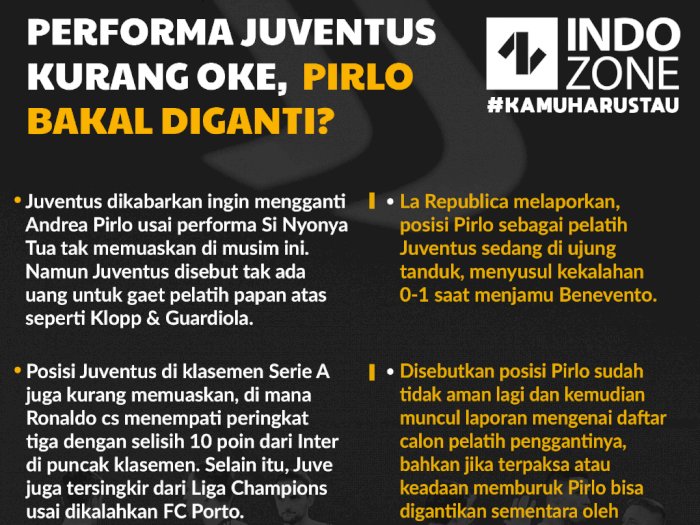 Performa Juventus Kurang Oke, Pirlo Bakal Diganti?