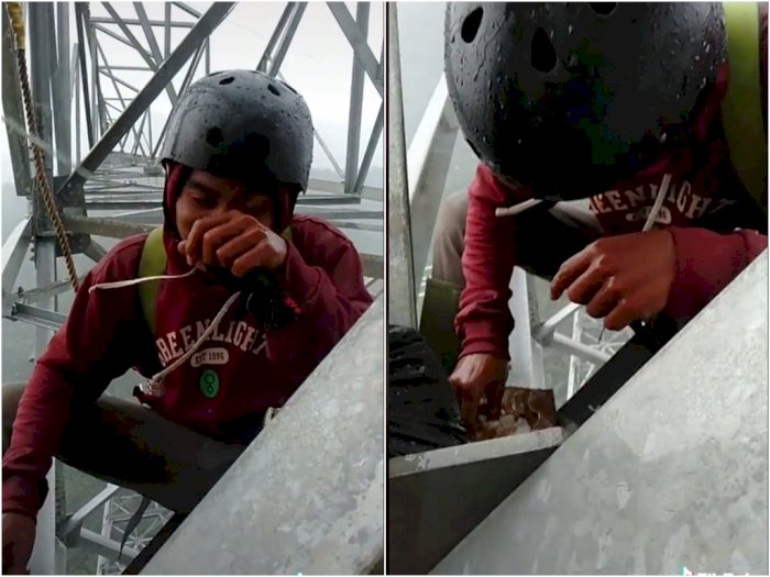Viral Pria yang Santai Makan di Atas Sutet Saat Hujan, Netizen: Gak Takut Petir Bang?