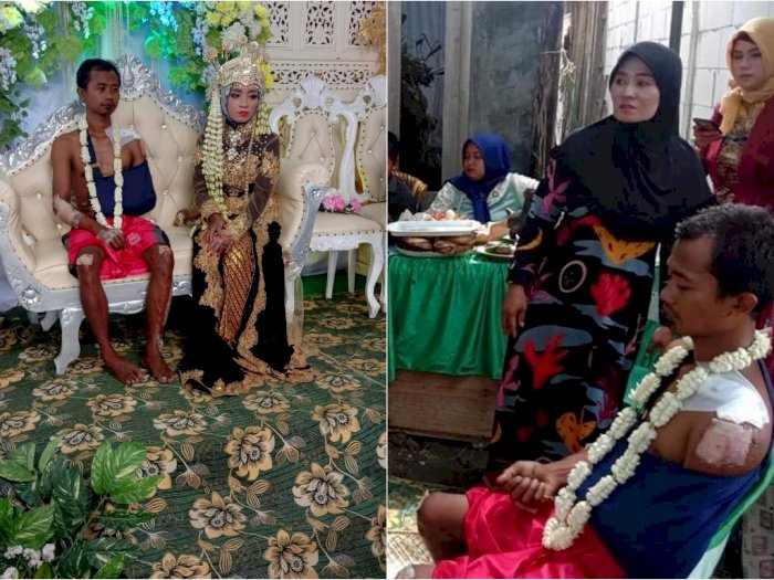 Kecelakaan Sebelum Menikah, Pria Ini Cuma Pakai Celana Pendek di Pelaminan, Netizen: Salut