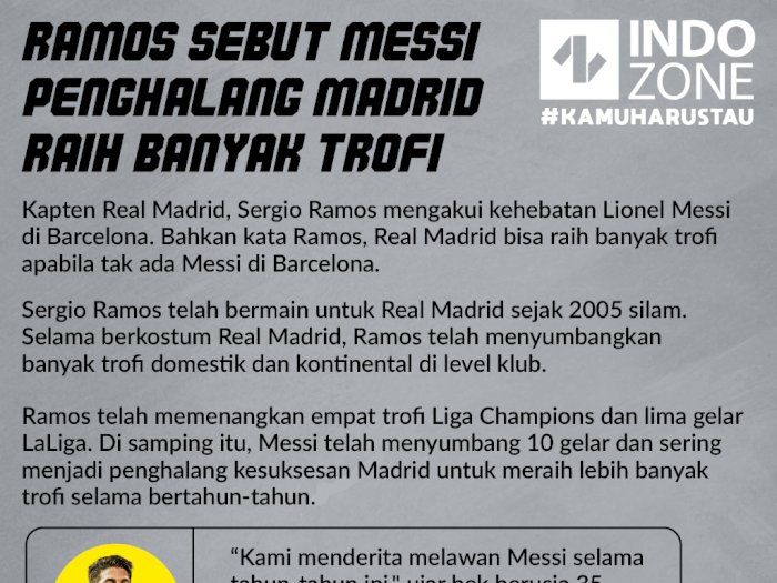 Ramos Sebut Messi Penghalang Madrid Raih Banyak Trofi