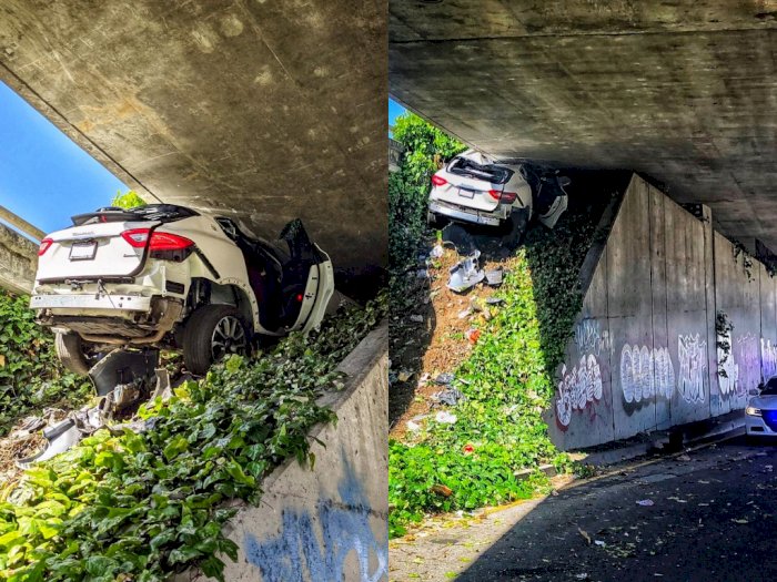Mau Kabur dari Kejaran Polisi, Mobil Ini Malah Terjepit di Bawah Jembatan Layang!