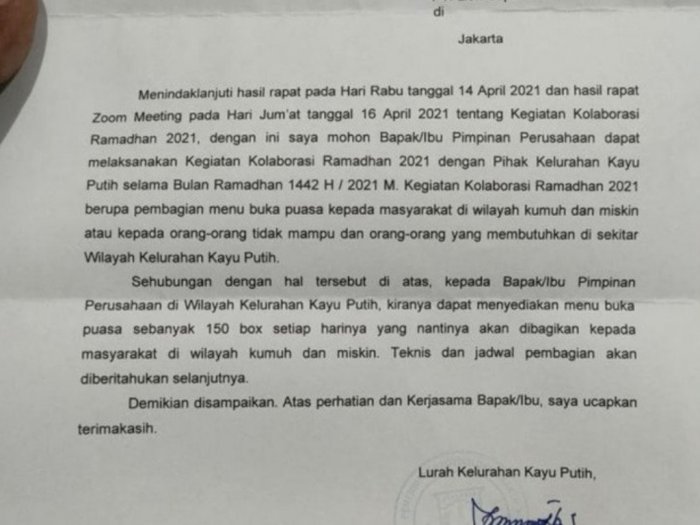 Heboh Lurah di Jakarta Buat Surat Edaran Minta Takjil ke Perusahaan