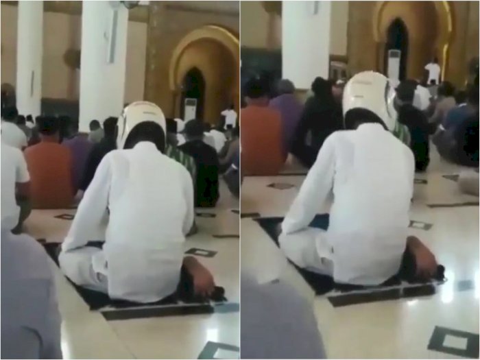 Ada-ada Saja, Pria Ini Salat Berjamaah Pakai Helm Dalam Masjid, Netizen: Ada Tilang Apa?