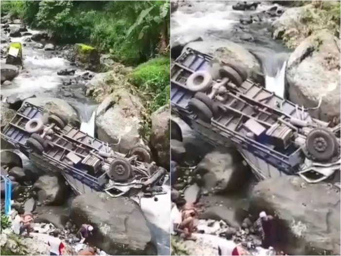Mengerikan, Truk Terbalik Usai Terjun ke Sungai di Sitinjau Lauik, Bagian Roda ke Atas