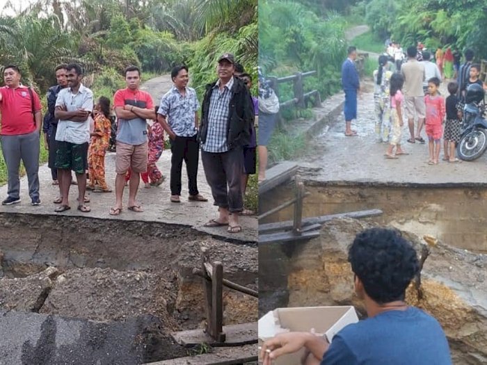 Akibat Diguyur Hujan Lebat, Jalan Desa Batu Tunggal Labura Amblas, Aktivitas Warga Lumpuh