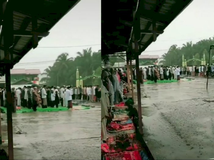 Wanita Ini Dibully Netizen Rekam Jemaah Pria Salat Idul Fitri Diguyur Hujan Deras
