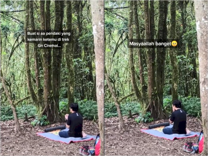 MasyaAllah, Pria Ini Tunaikan Salat saat Mendaki Gunung Ciremai, Netizen: Idaman Banget