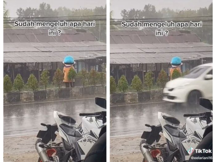 Boneka Badut Ini Semangat Cari Rezeki saat Hujan, Tiktokers: Sudah Mengeluh Apa Hari Ini?