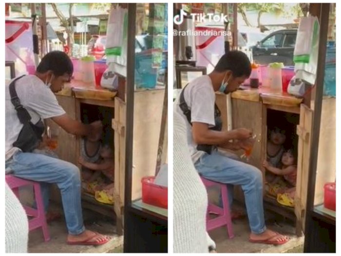 Pedagang Es Bawa 2 Anaknya saat Jualan, Netizen Salfok ke Sosok Imut di Dalam Lapak
