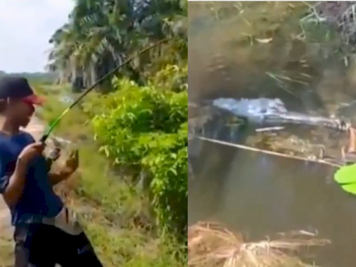 Video Lucu Warga Labura Coba Mancing Ikan di Kali, yang Dapat Malah Buaya