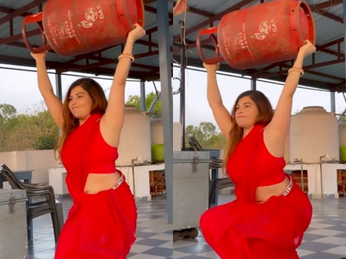Gagah! Video Wanita Pakai Busana Saree dan Melakukan Workout Pakai Tabung Gas Bikin Heran