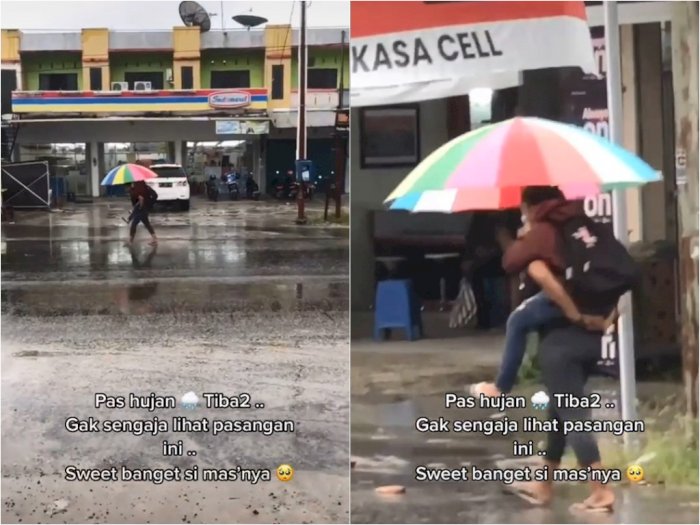 So Sweet! Pria Ini Gendong Pasangannya di Tengah Guyuran Hujan, Netizen: Mata Gue Panas
