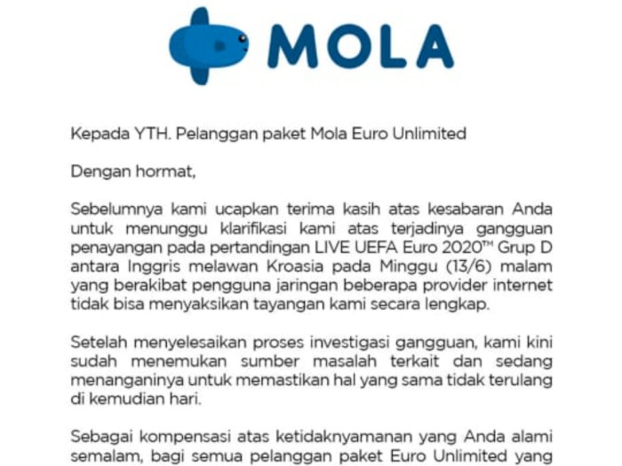 Gangguan saat Laga Inggris vs Kroasia, Mola TV Beri Kompensasi ke Pelanggan yang Terdampak