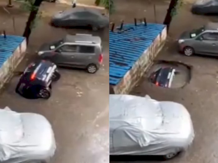 Mobil Hyundai Jeblos ke Lubang di Parkiran, Langsung Tenggelam dalam 10 Detik
