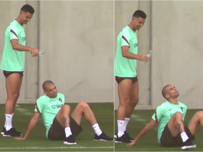 Tingkah Usil Ronaldo di Sesi Latihan Portugal, Diam-diam Tuang Air ke Kepala Pepe