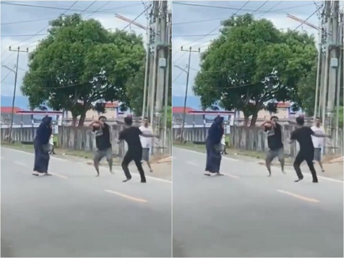 Bikin Tegang, Emak-emak Ini Lerai Dua Pria yang Duel Parang di Tengah Jalan Sidrap, Sulsel