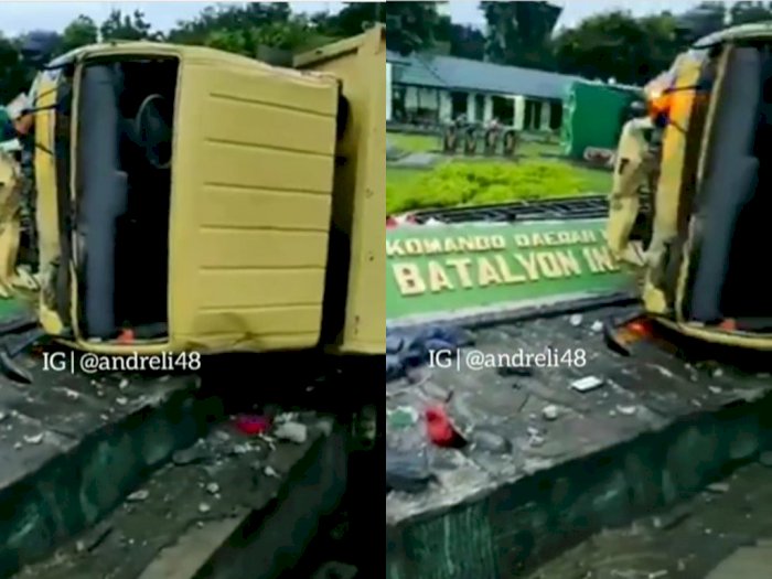 Duh! Truk Terbalik Usai Tabrak Pagar Markas Militer di Jayapura, Diduga Sopir Mabuk Miras
