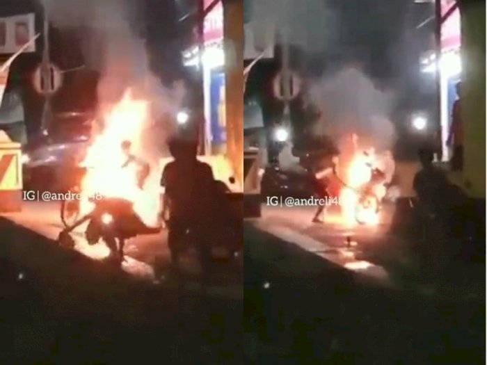 Heroik! Pemuda Dorong Sepeda Motor yang Terbakar ke Sungai, Telanjang Dada Lakukan Aksi