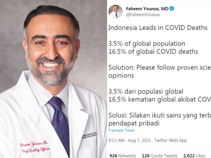 Soroti Angka Kematian Covid-19 di Indonesia, Faheem Younus: Jangan Ikuti Pendapat Orang