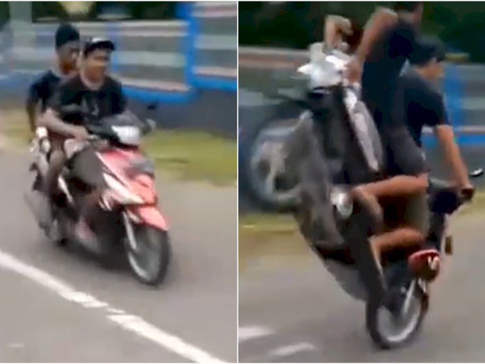 Sok Jago Atraksi Menukik dengan Motor Tak Pakai Helm,  Wajah Dua Pemuda Ini Hantam Aspal
