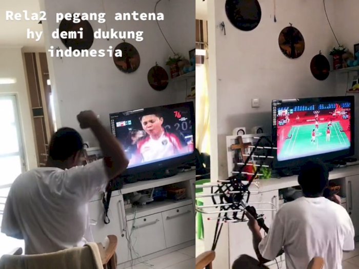 Aksi Kocak Bapak-bapak Sampai Pegang Antena TV demi Nonton Greysia/Apriyani