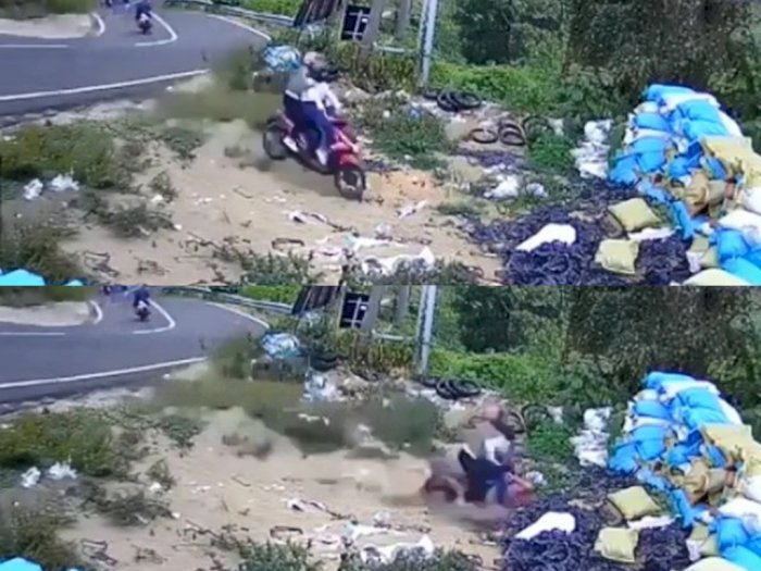 Ngeri! Detik-detik Pemotor Hantam Benteng Pembatas Jalan di Mojokerto, Diduga Rem Blong