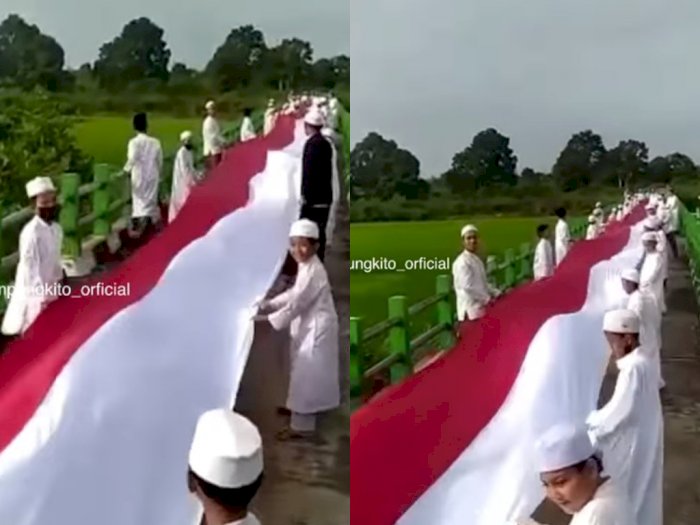Rayakan Kemerdekaan RI, Puluhan Bocah Ini Bentangkan Bendera Merah Putih 76 Meter di Jambi