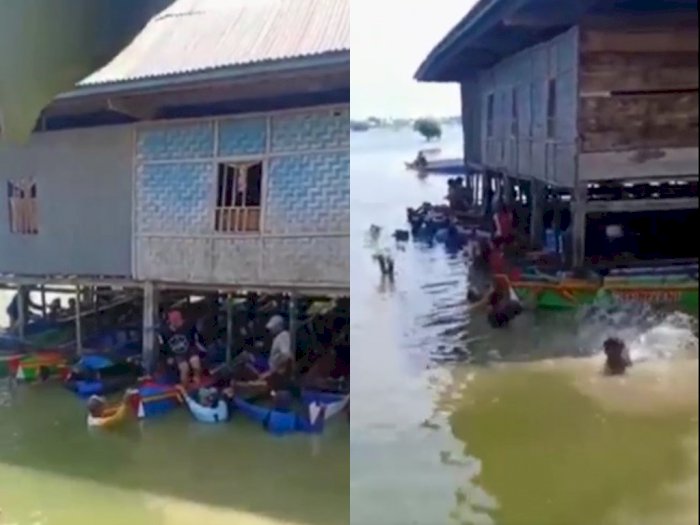 Unik! Warga di Wajo Sulsel Gotong Royong Pindahkan Rumah Pakai Perahu, Netizen: Luar Biasa