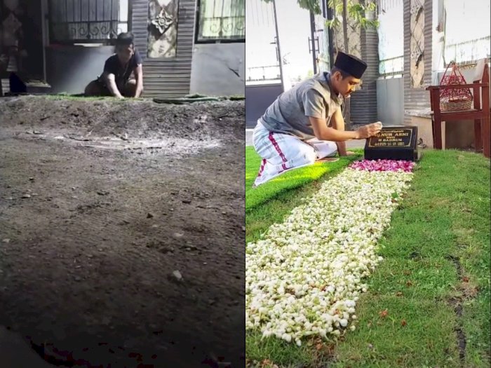 Viral! Pemuda Ini Rawat Kuburan Orang Tuanya di Depan Halaman Rumah, Netizen Terharu