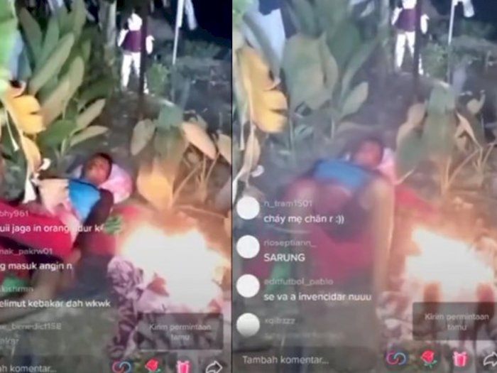 Santuy, Pria Ini Tidur Nyenyak di Samping Api Unggun Sampai Tak Sadar Sarungnya Terbakar