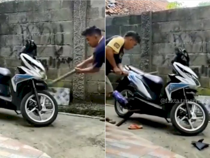 Viral! Pria Ini Ngamuk Hancurkan Motornya Sendiri Pakai Besi dan Samurai, Netizen: Stres