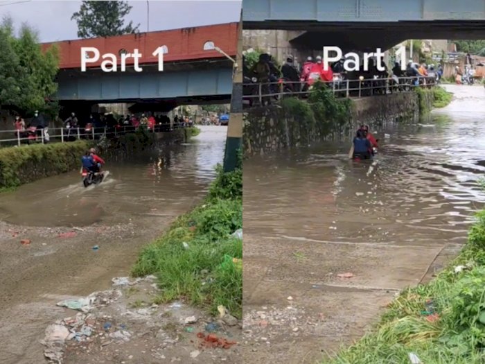 Viral, Video Pemotor Pede Lewati Jalanan Banjir Bareng Ceweknya, Ujungnya Malah Nahan Malu