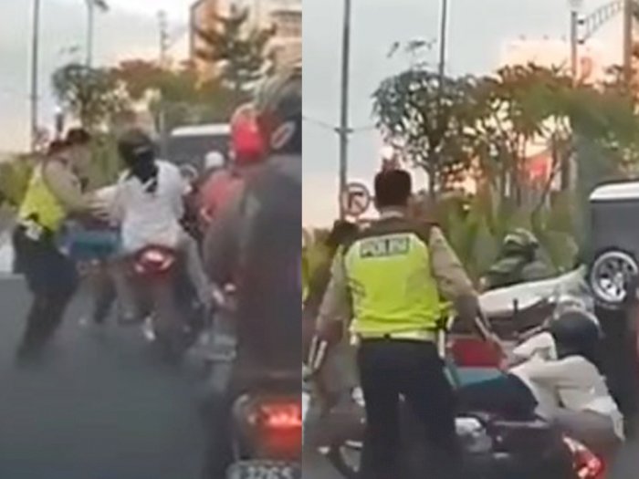 Polisi Dorong Pengendara Motor Hingga Jatuh Terjungkal di Jalanan, Videonya Viral