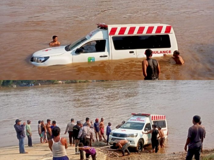 Diduga Rem Blong, Ambulans Rumah Sakit Serawai Nyemplung ke Sungai Melawi Kalbar