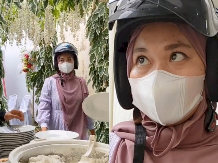 Viral Wanita Lupa Buka Helm di Kondangan, Pas Sadar  Langsung Ngakak