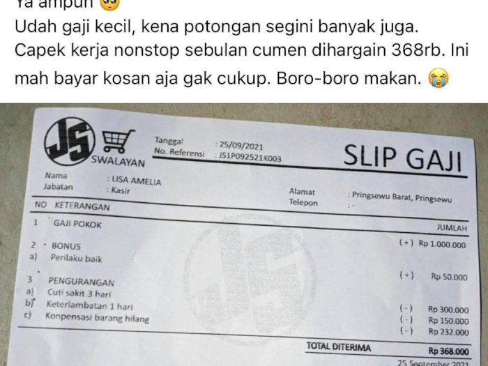 Viral Pekerja Swalayan Curhat Gajinya Dipotong Tinggal Rp368 Ribu, Kemnaker: Itu Hoax