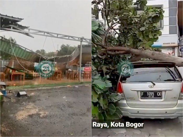 Hujan Deras dan Angin Kencang di Bogor, Terbangkan Atap Angkringan Hingga Tumbangkan Pohon