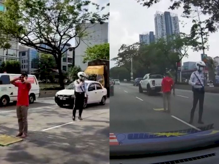 Polisi Ini Dipuji Netizen karena Jaga Pria Diduga ODGJ yang Salat di Tengah Jalan