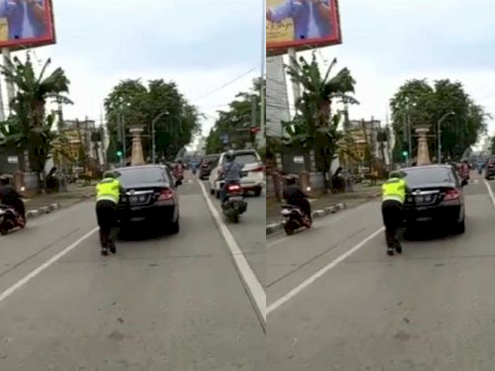 Bantu Dorong Mobil Mogok di Jalan Halat, Personel Polantas Medan Tuai Pujian Warga