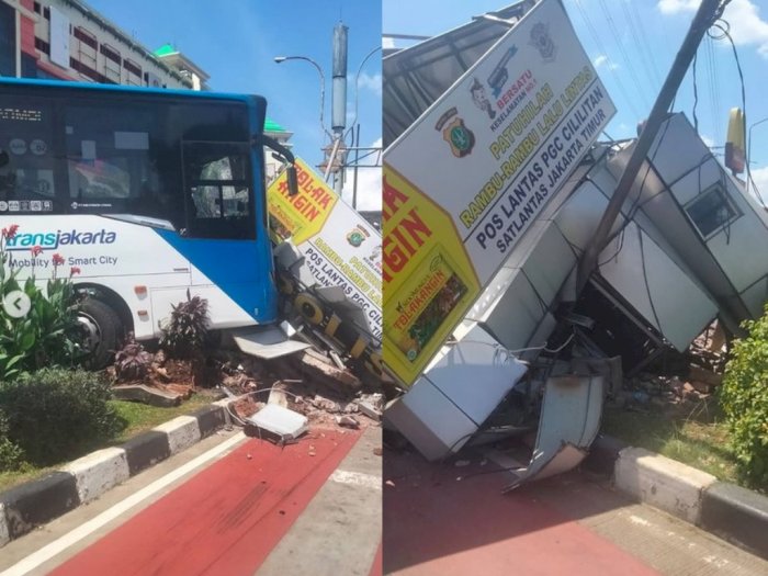 Bus TransJakarta Tabrak Pos Lantas PGC, 1 Sekuriti Terluka