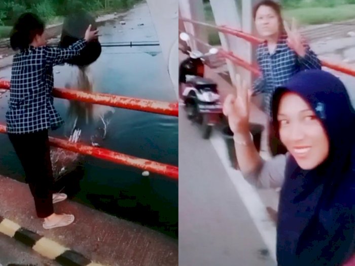 Jangan Ditiru! Aksi 2 Wanita Buang Sampah ke Sungai Sambil Joget TikTok di Atas Jembatan