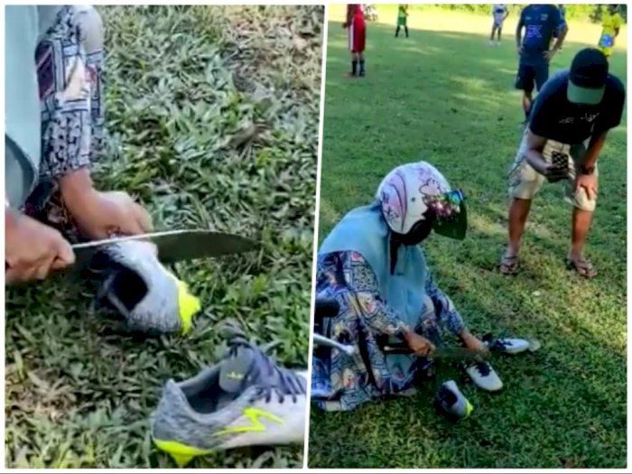 Diduga Suami Keseringan Main Sepak Bola, Ibu-ibu Ini Potong Sepatu di Lapangan