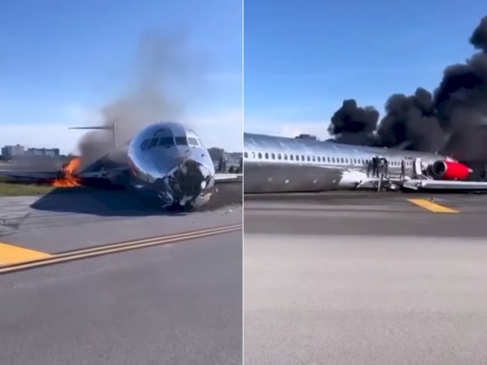 Detik-detik Pesawat Red Air Terbakar di Bandara Miami Usai Rodanya Anjlok Saat Mendarat   