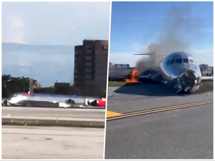 Detik-detik Pesawat Terbakar saat Mendarat karena Roda Rusak di Miami AS