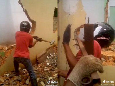 Aksi Receh Pria yang Pakai Helm saat Rubuhkan Bangunan, Endingnya Bikin Sakit Kepala