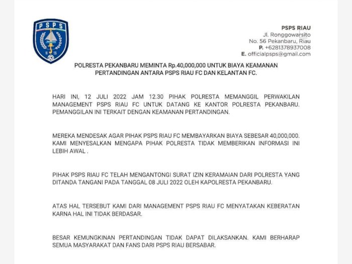 Walah! Polisi Minta Biaya Keamanan Rp40 Juta, Laga PSPS Riau Vs Kelantan Fc Terancam Batal